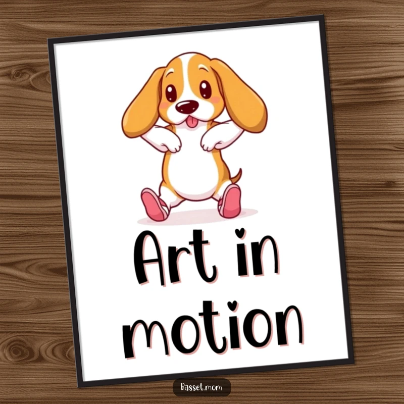 Funny Basset Hound in ballet slippers, graceful pose, humorous wall art, dance decor.