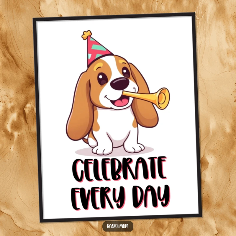 Funny Basset Hound poster, a dog wearing a party hat, playing a tiny trumpet with enthusiastic flair, perfect for celebrations.