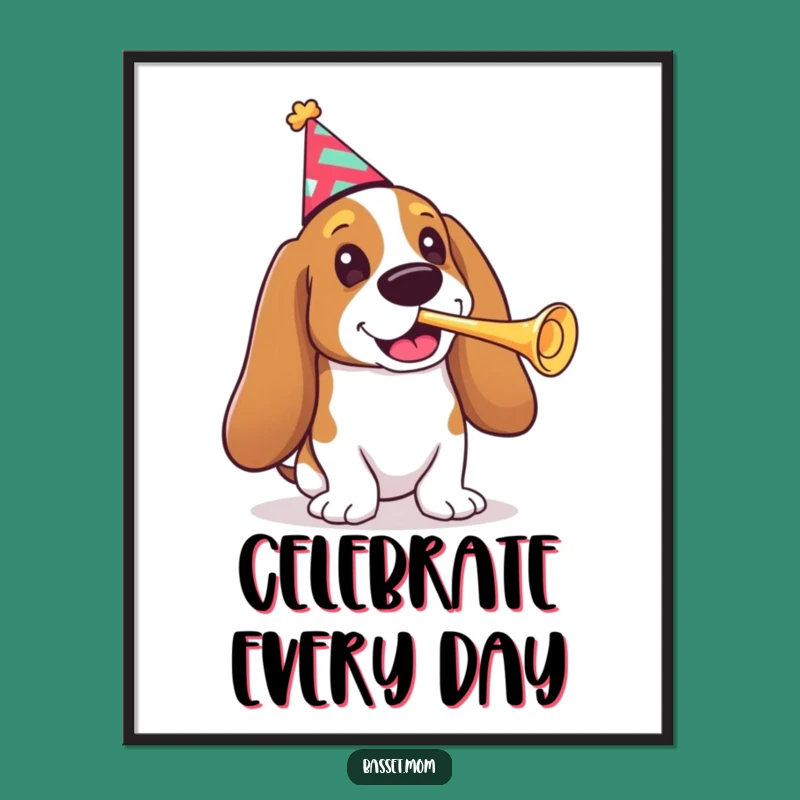 Funny Basset Hound Party Poster - Whimsical Dog Art Gift with Party Hat & Trumpet