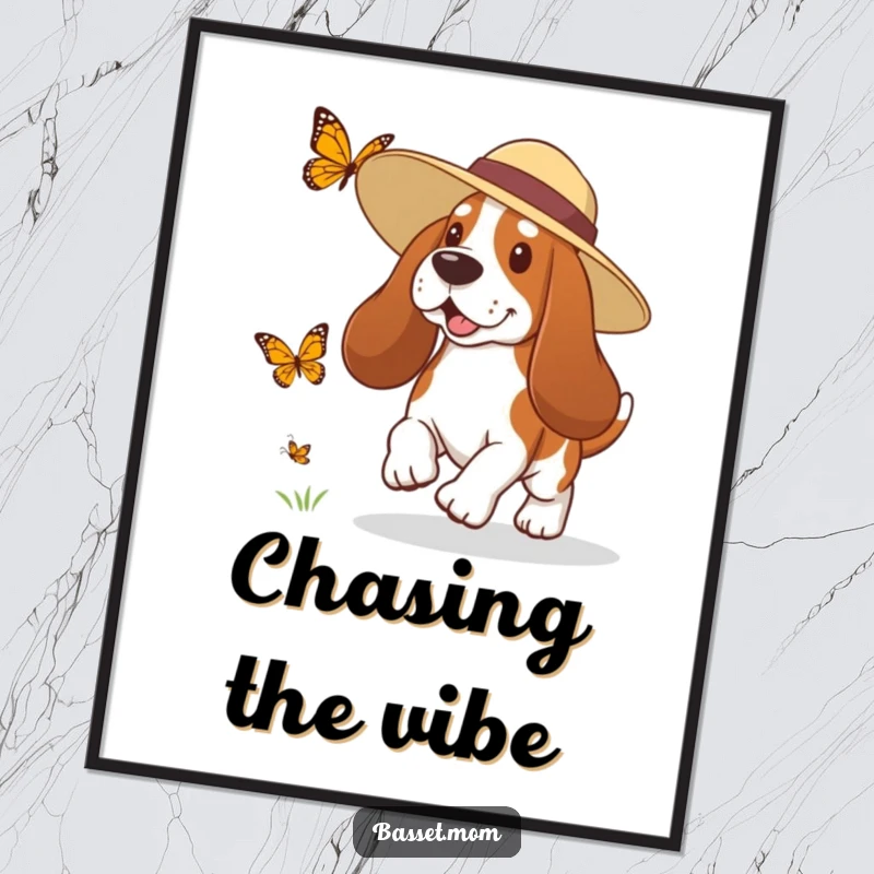 Funny Basset Hound poster showing a dog in a sun hat playfully chasing a butterfly, capturing a moment of whimsical outdoor joy.