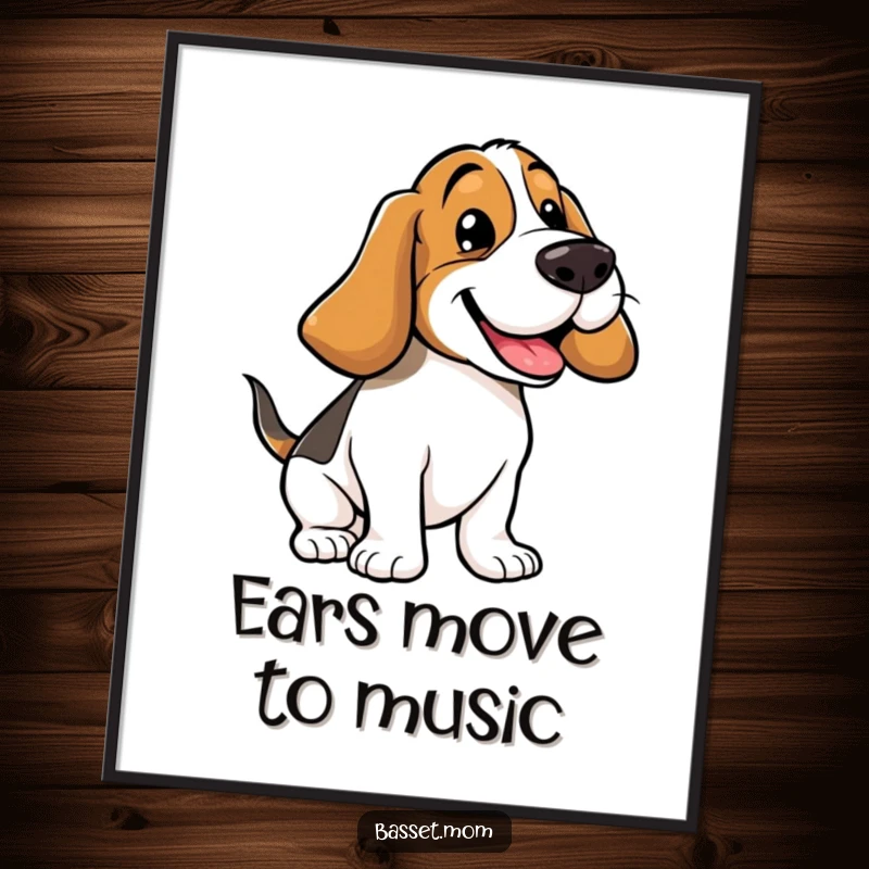 Funny Basset Hound poster depicting a joyful dog with ears bouncing mid-air, capturing a hilarious, energetic moment for wall art.