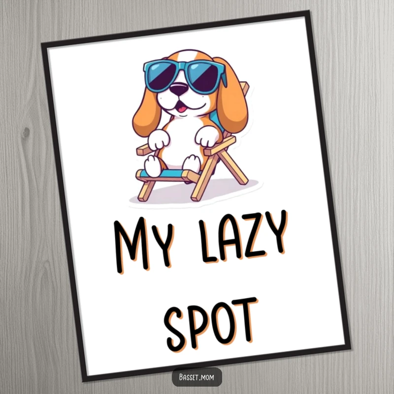 Funny Basset Hound Beach Poster: A Basset hound in cool sunglasses lounges on a tiny chair, capturing serene relaxation, a funny gift.