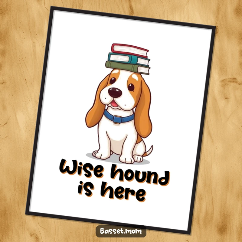 Funny Basset Hound poster, showing a dog with an impressive stack of books balanced perfectly on its head, a humorous artwork.
