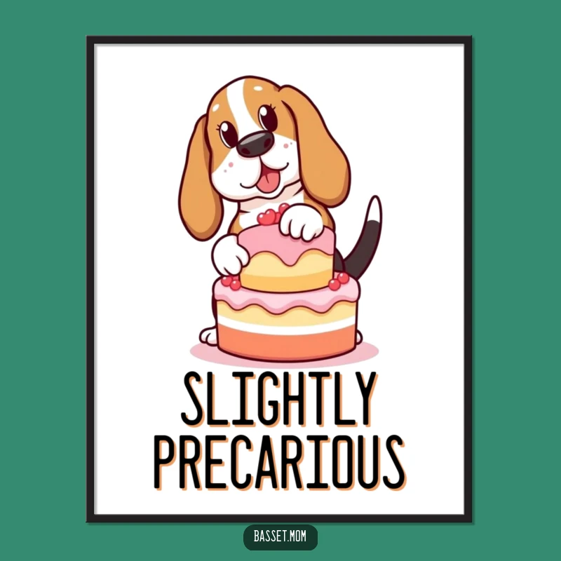 Funny Basset Hound Cake Adventure Poster - Hilarious Dog Art Gift!