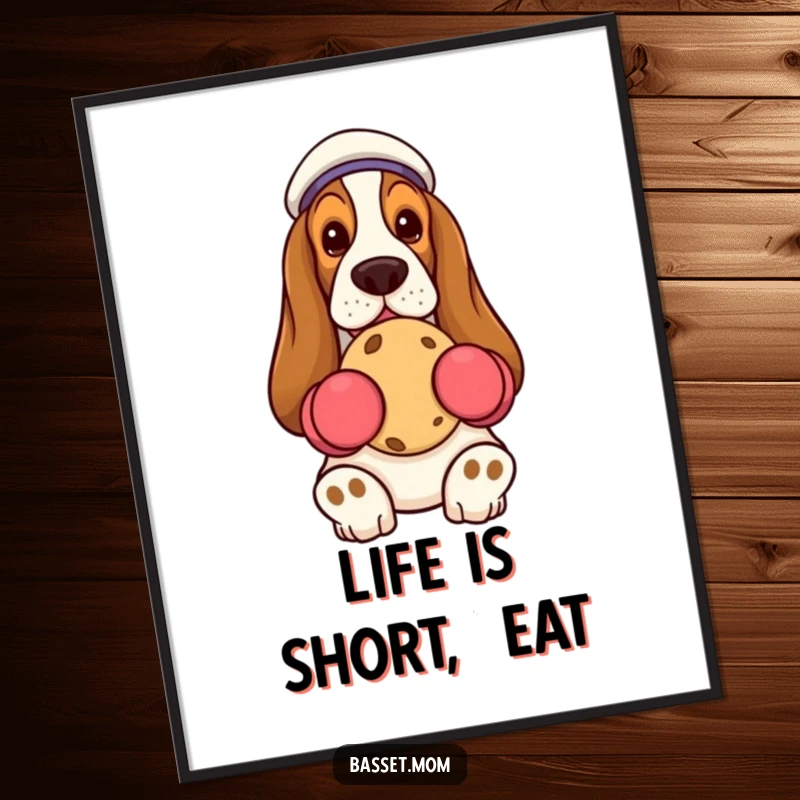 Funny Basset Hound wearing oven mitts, holding a cookie, humorous wall art, baking decor.