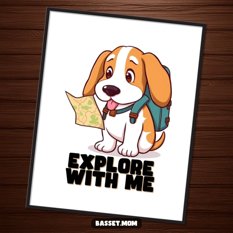 Funny Basset Hound poster, a dog with a backpack, curiously studying a map, inspiring a sense of adventure.