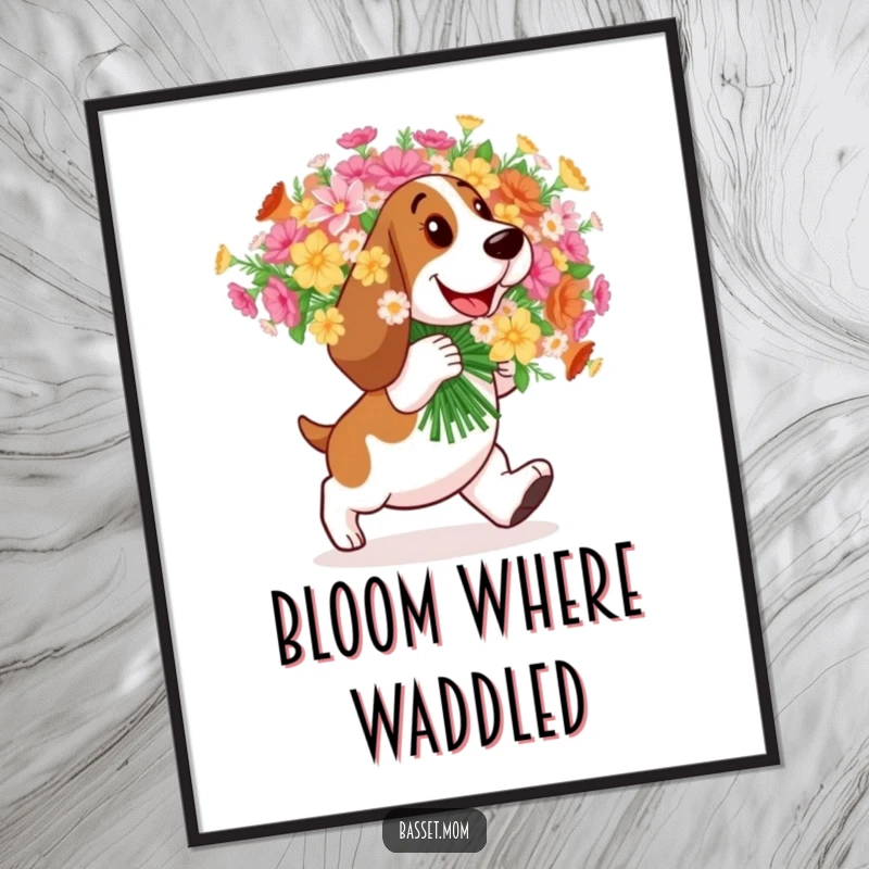 Funny Basset Hound poster, art of a dog happily carrying a large bouquet of flowers, bringing cheer.