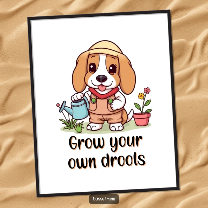 Funny Basset Hound dressed in gardening attire, holding a watering can, ready to tend to flowers, as a poster.