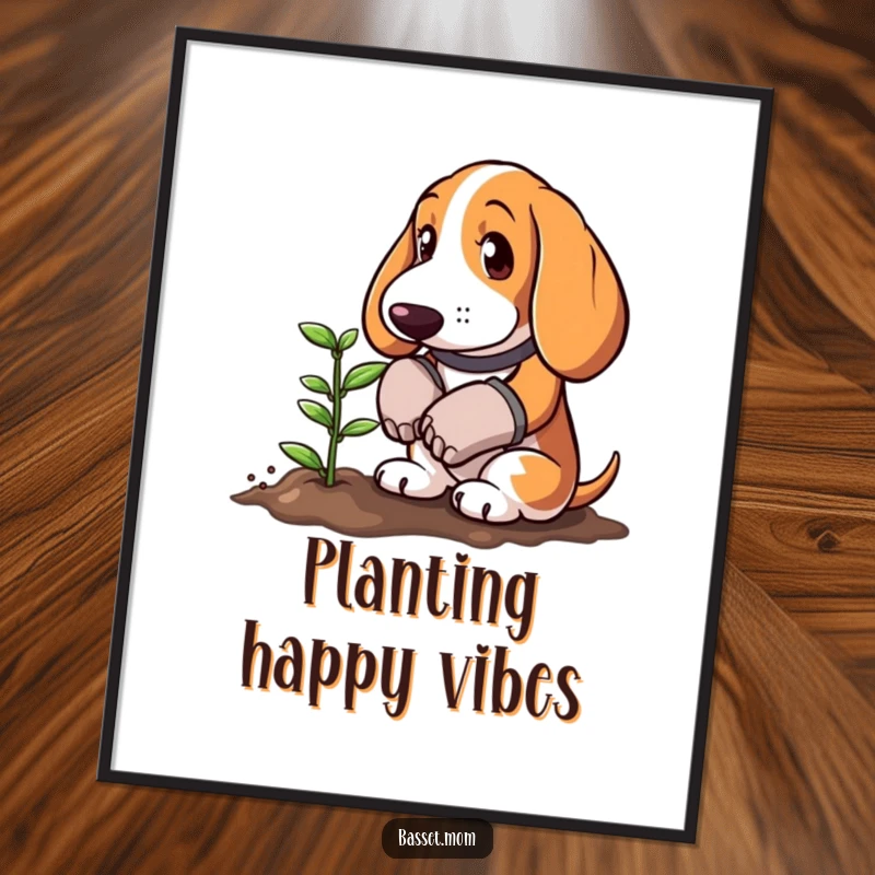 Funny Basset Hound wearing gardening gloves planting a tiny sprout, presented as wall art, capturing a moment of gentle, humorous nature.