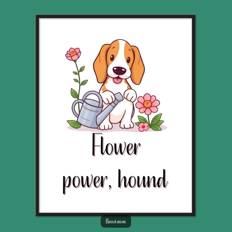 Funny Basset Hound Gardener Poster - Whimsical Dog Art Gift with Watering Can