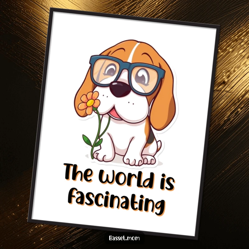 Funny Basset Hound poster of a dog in oversized glasses, curiously sniffing a flower, bringing quirky charm and intellectual vibes.