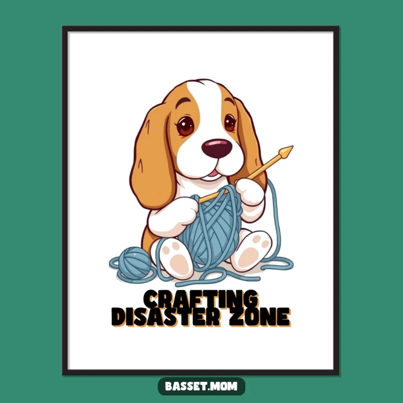 Funny Basset Hound Knitting Art Print: Hilarious Yarn Mishap, Whimsical Decor, Perfect Gift!