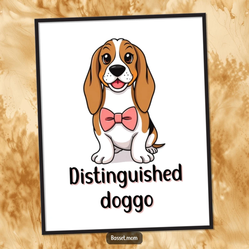 Funny Basset Hound poster, a close-up of a dog wearing a tiny bowtie, looking proud and sophisticated for wall art.