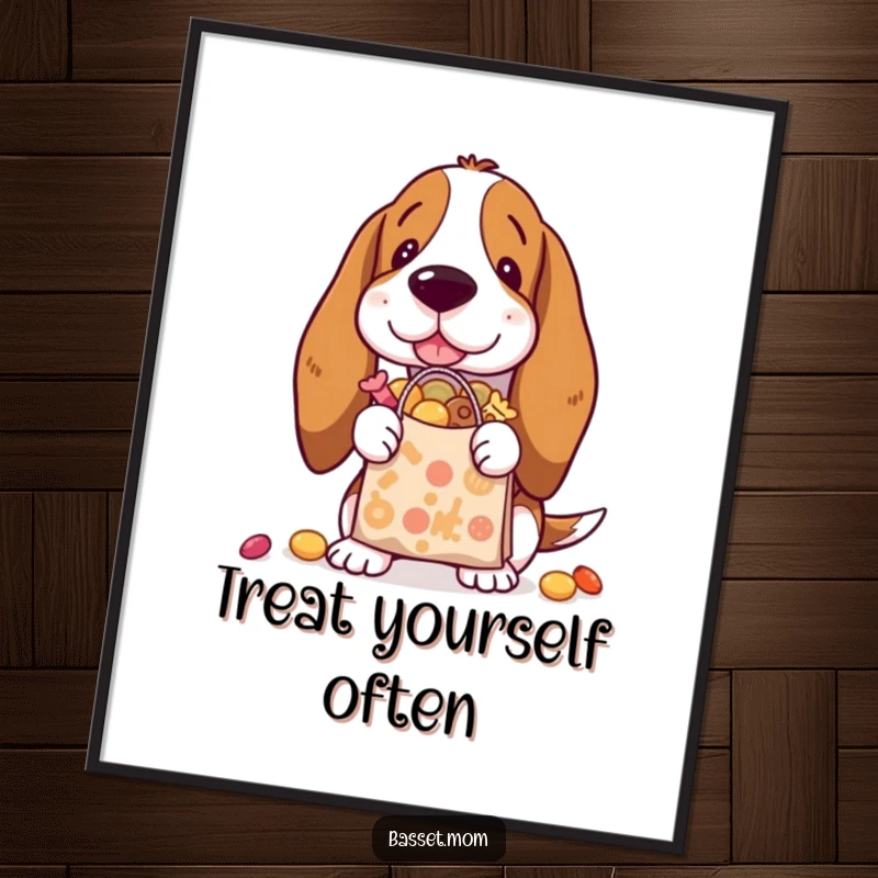 Funny Basset Hound with a tiny shopping bag bursting with treats, looking delighted, displayed as a poster.