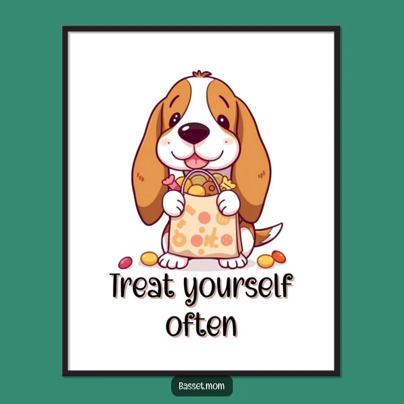 Funny Basset Hound Treat Bag Art Print: Hilarious Snack Lover Decor, Perfect Gift!