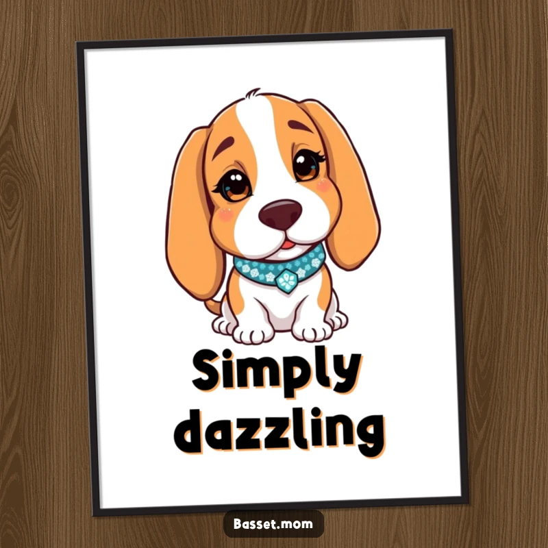 Funny Basset Hound poster of a dog with a sparkly collar, charmingly winking, perfect humorous wall art for any room.