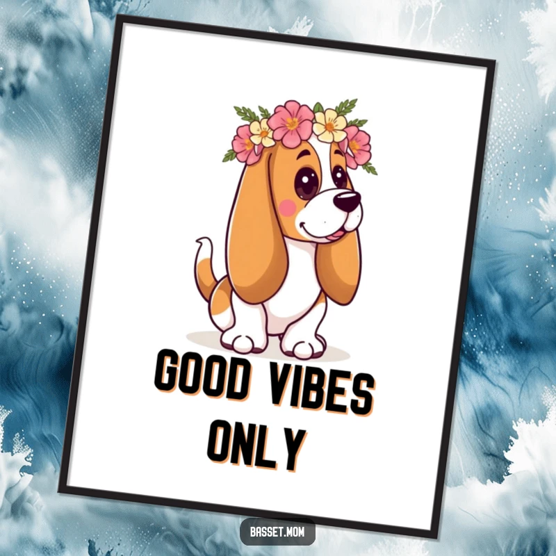 Funny Basset Hound poster of a dog wearing a floral crown and wagging its tail, a vibrant and joyful piece of wall art.