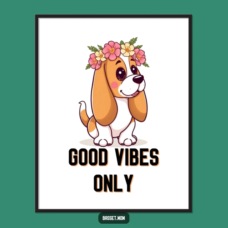 Funny Floral Basset Hound Art Poster: Joyful Decor & Happy Hound Gift