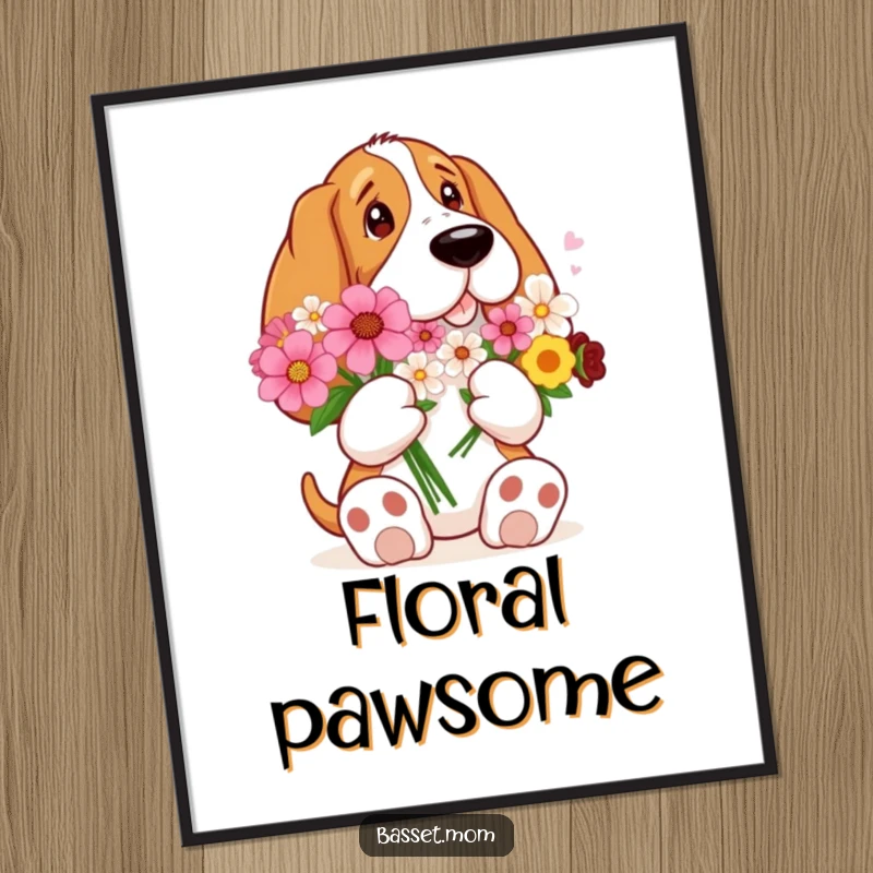 Funny Basset Hound with large paws holding a bouquet of flowers, adding a touch of floral sweetness and humor to this decorative art print.