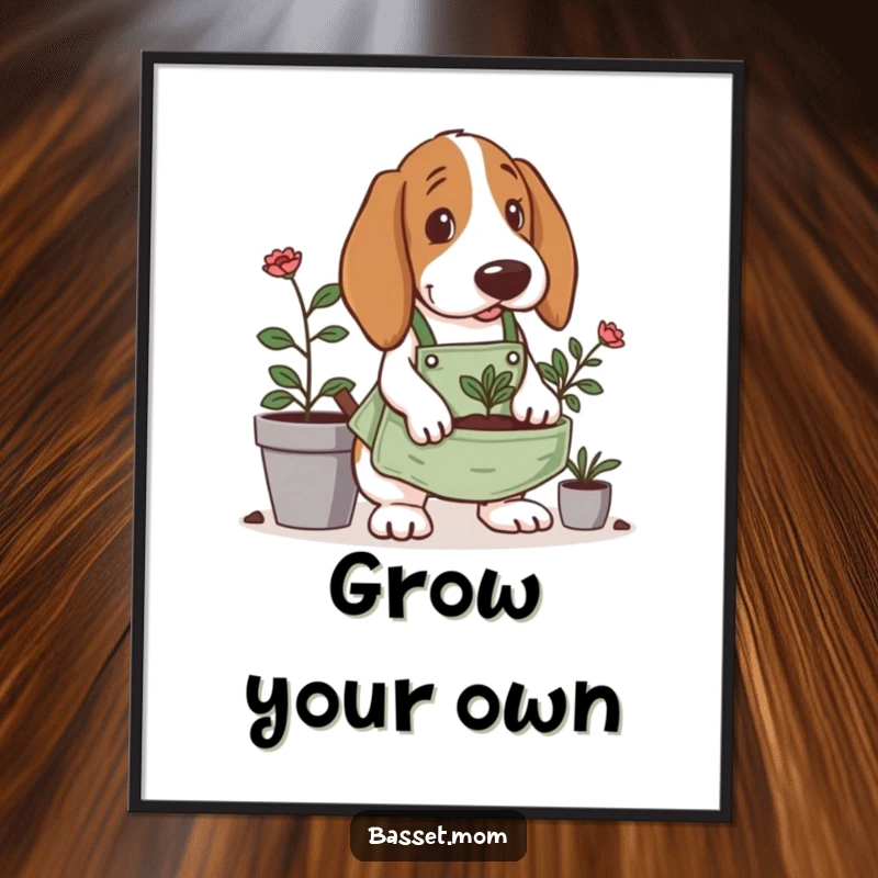 Funny Basset Hound poster, wearing a tiny gardening apron, digging enthusiastically in a planter, a charming piece of garden art.