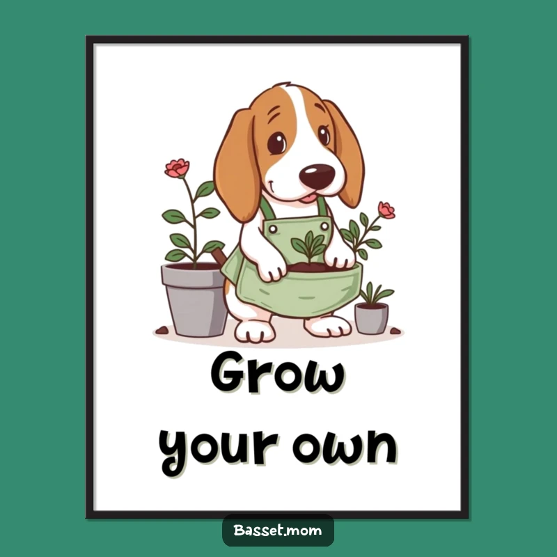 Funny Gardening Basset Hound Poster: Tiny Apron Digging Art - Gardener's Funny Gift