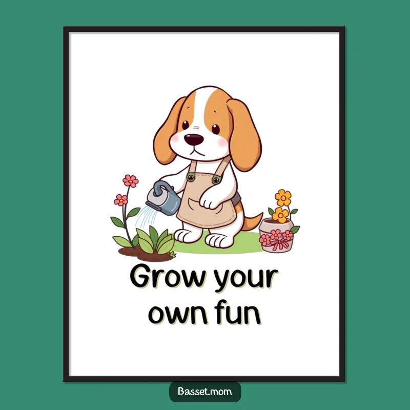 Funny Gardener Basset Hound Poster: Blooming Art & Garden Humor Gift