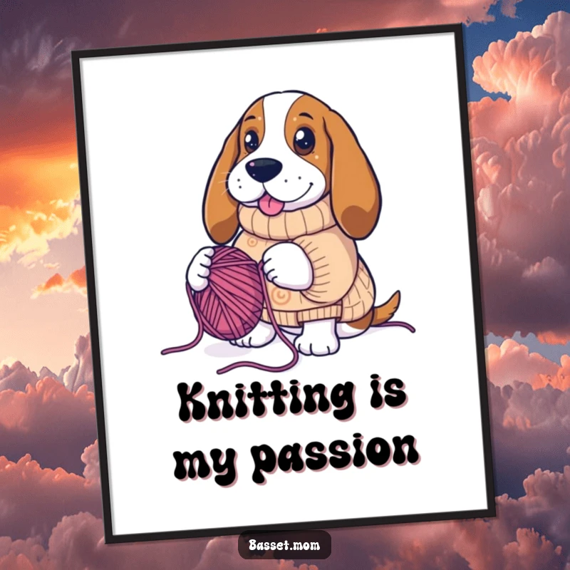 Funny Basset Hound wearing a knitting sweater, creating a large amount of yarn, humorous wall art, dog lover decor.
