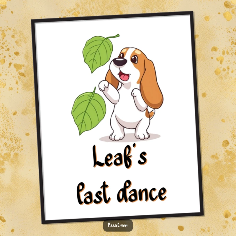 Funny Basset Hound poster, illustrating a dog playfully trying to catch a large falling leaf, capturing the essence of autumn fun.