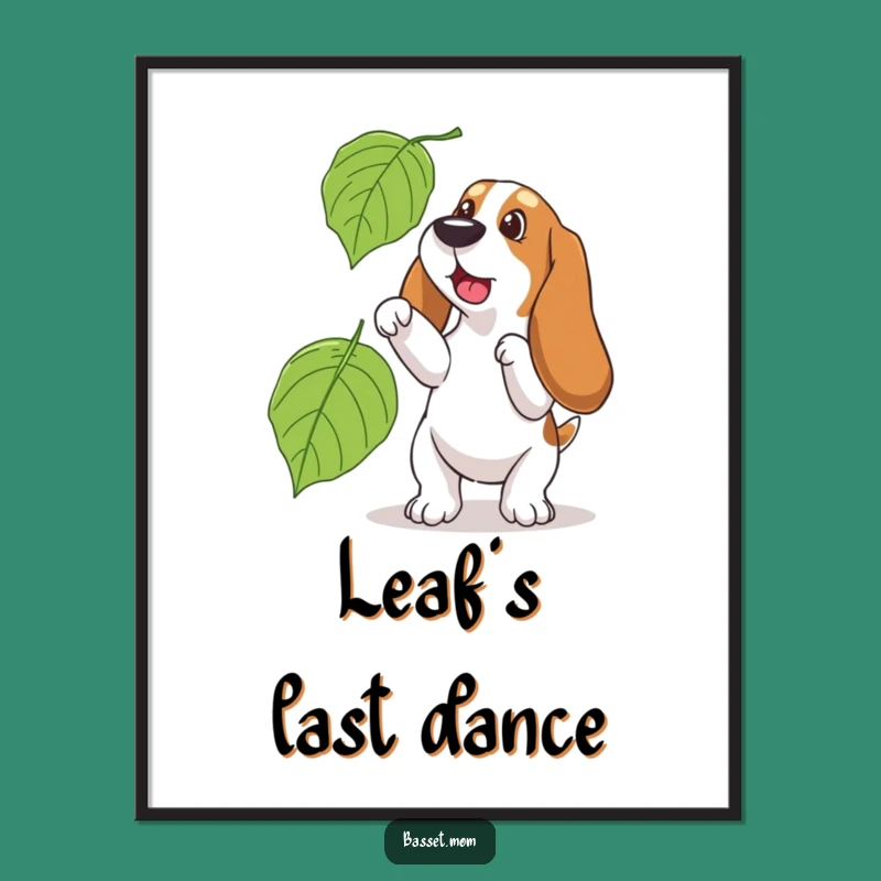 Funny Basset Hound Autumn Chase Poster: Whimsical Wall Art for Leaf Lovers