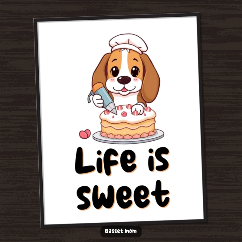 Funny Basset Hound decorating a cake, pastry bag in paw, humorous wall art, baking decor.