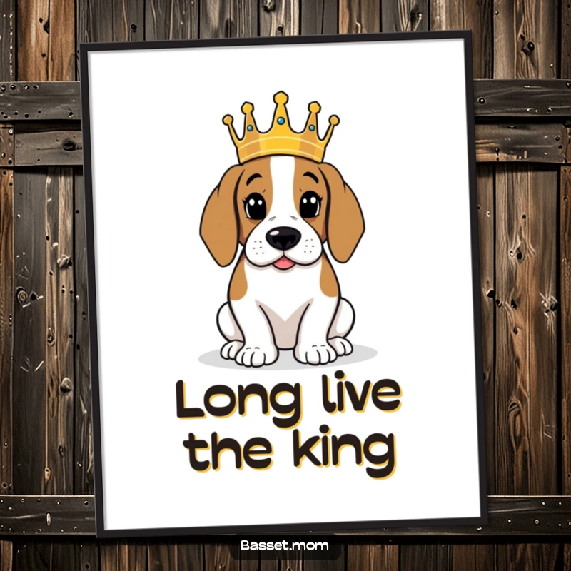 Funny Basset Hound wearing a tiny crown, looking regal, humorous wall art, royal decor.