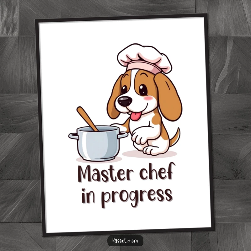 Funny Basset Hound poster of a dog in a chef hat, enthusiastically stirring a pot, capturing culinary passion and humor.