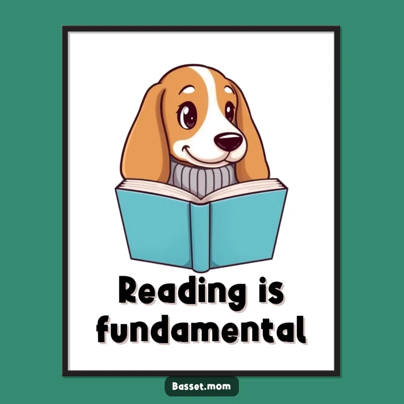 Funny Basset Hound Bookworm Poster - Whimsical Dog Art Gift with Knitted Sweater
