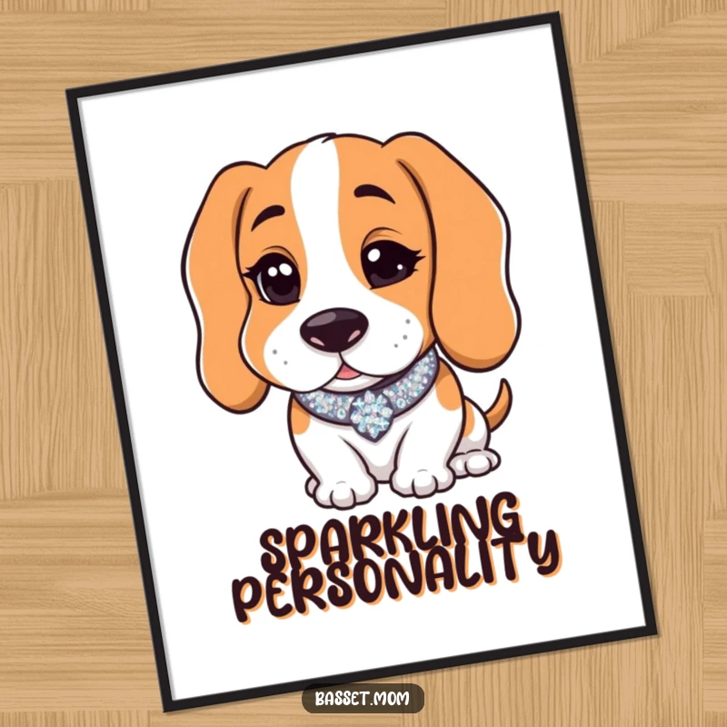 Funny Basset Hound with a sparkly collar gives a charming wink, presented as wall art, capturing a moment of playful elegance.