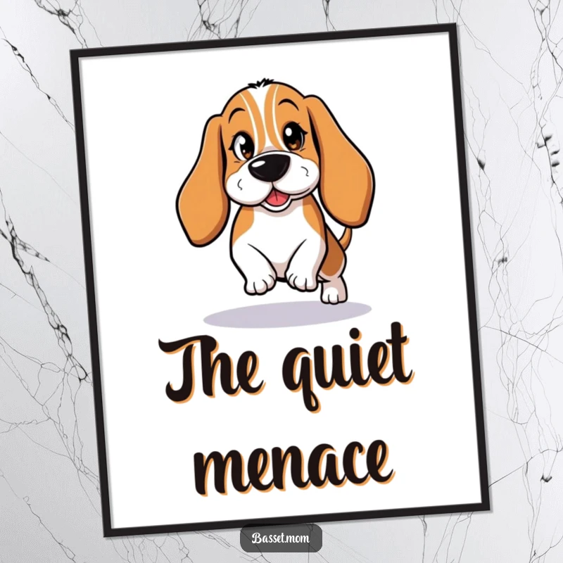 Funny Basset Hound Poster: A mischievous dog tiptoeing with a wink, adding humor to decor.