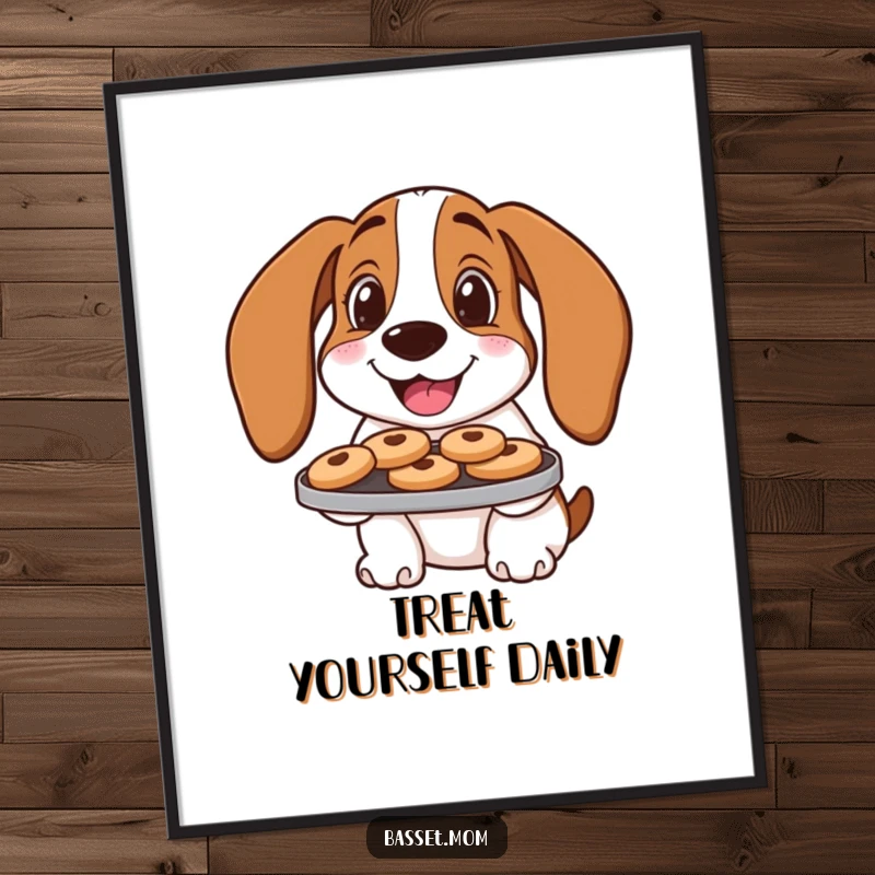 Funny Basset Hound Poster: A dog offers a tray of cookies with a warm smile, sweet art.