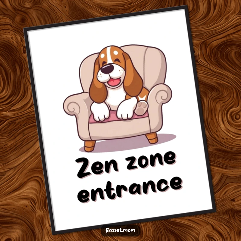 Funny Basset Hound poster, capturing a happy sigh as it lounges on a cushioned chair, a piece of art promoting calm and humor.