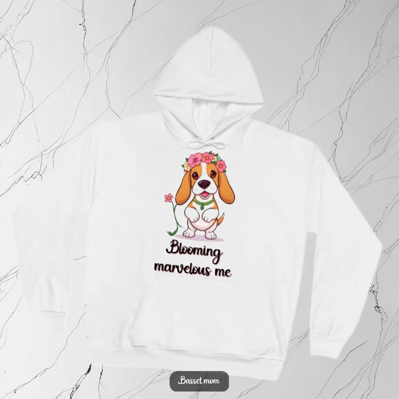 Funny Basset Hound hoodie showing a dog with a floral headband, joyfully prancing with a flower, perfect for cozy humor.