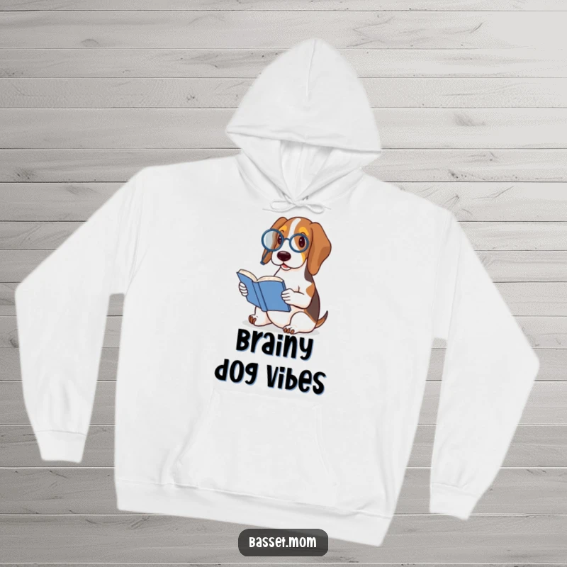 Funny Basset Hound hoodie depicting a dog with a monocle and tiny book, embodying a humorous and scholarly canine character.
