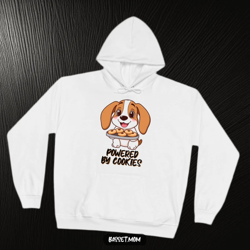 Funny Basset Hound Hoodie: A smiling dog offers a tray of cookies, cozy and sweet.