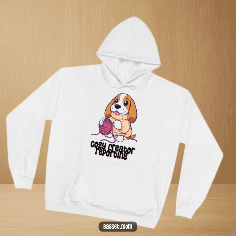 Funny Basset Hound in knitting sweater, surrounded by yarn, soft hooded sweatshirt, humorous pet gift.