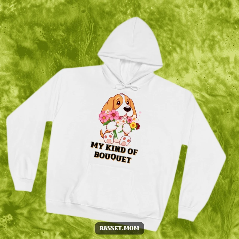 Funny Basset Hound with big paws holding a bouquet of flowers, bringing cozy charm and sweet humor to this warm hoodie.