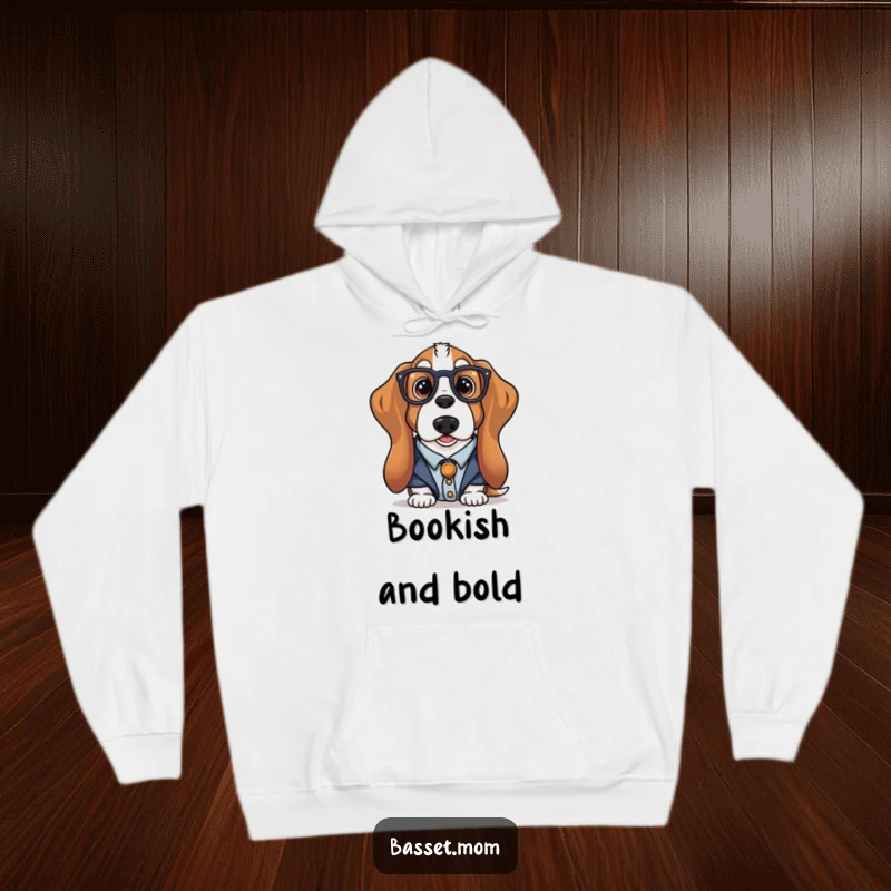 Funny librarian Basset Hound hoodie featuring a dog dressed as a librarian with glasses, perfect for cozy reading sessions, a humorous present.