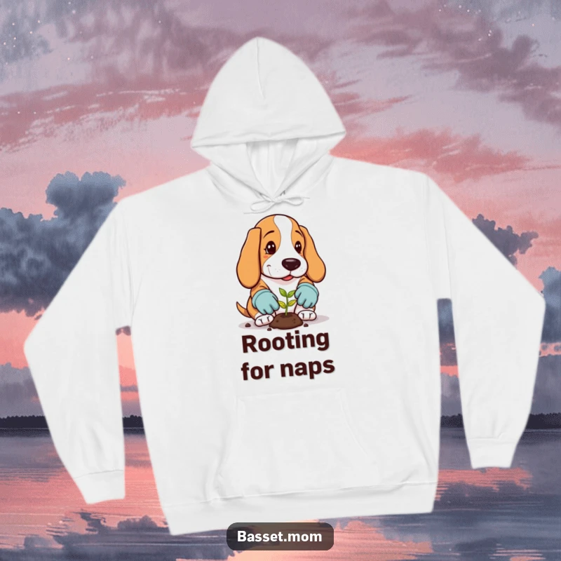 Funny Basset Hound Hoodie: A dog in gardening gloves plants a tiny seed, for cozy gardeners.