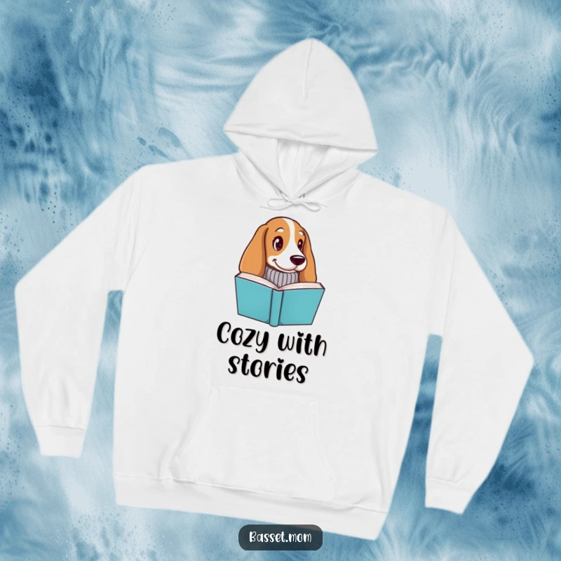 Funny Basset Hound hoodie, a dog in a knitted sweater peeking from behind a book, creating a cozy and intriguing scene.