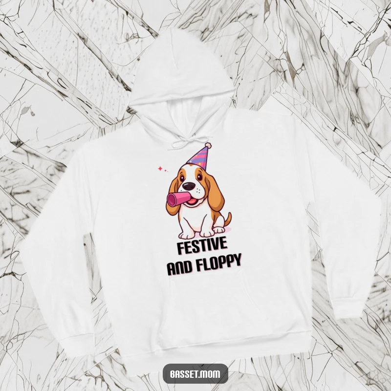 Funny Basset Hound Hoodie: A dog in a party hat blowing a noisemaker, perfect for cozy parties.