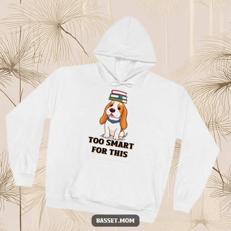 Funny Basset Hound hoodie, depicting a dog with a stack of books balanced precariously on its head, looking intellectual.
