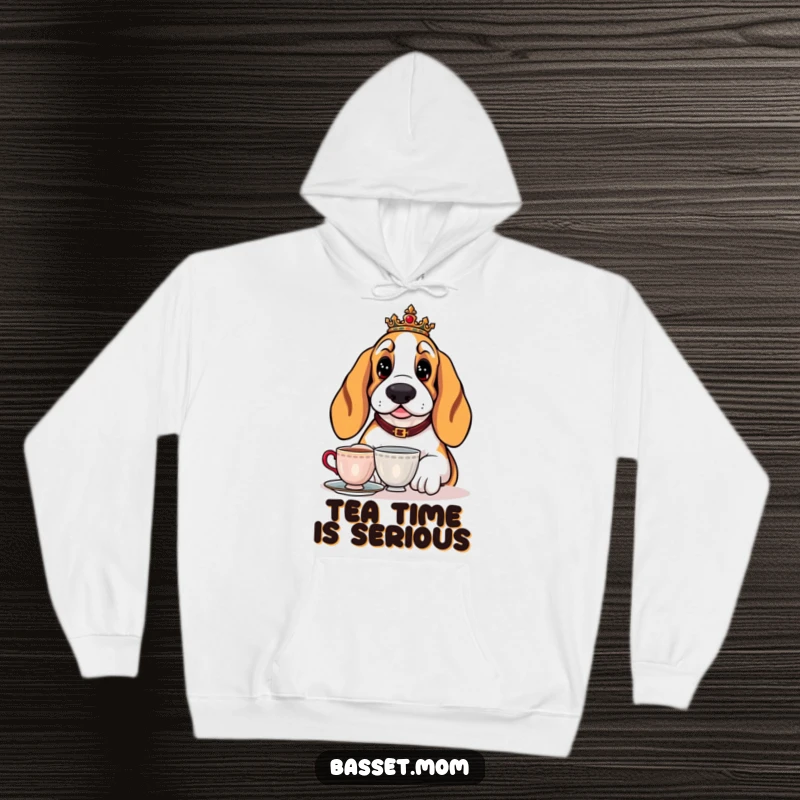 Funny Basset Hound hoodie with a regal dog enjoying a cup of tea, offering cozy sophistication and humorous charm.