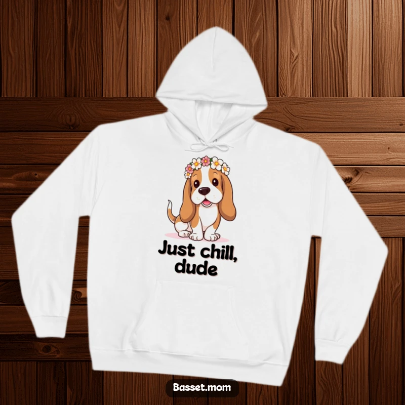 Funny Basset Hound hoodie, droopy ears adorned with a flower crown, tail wagging with playful delight, offering cozy canine humor.