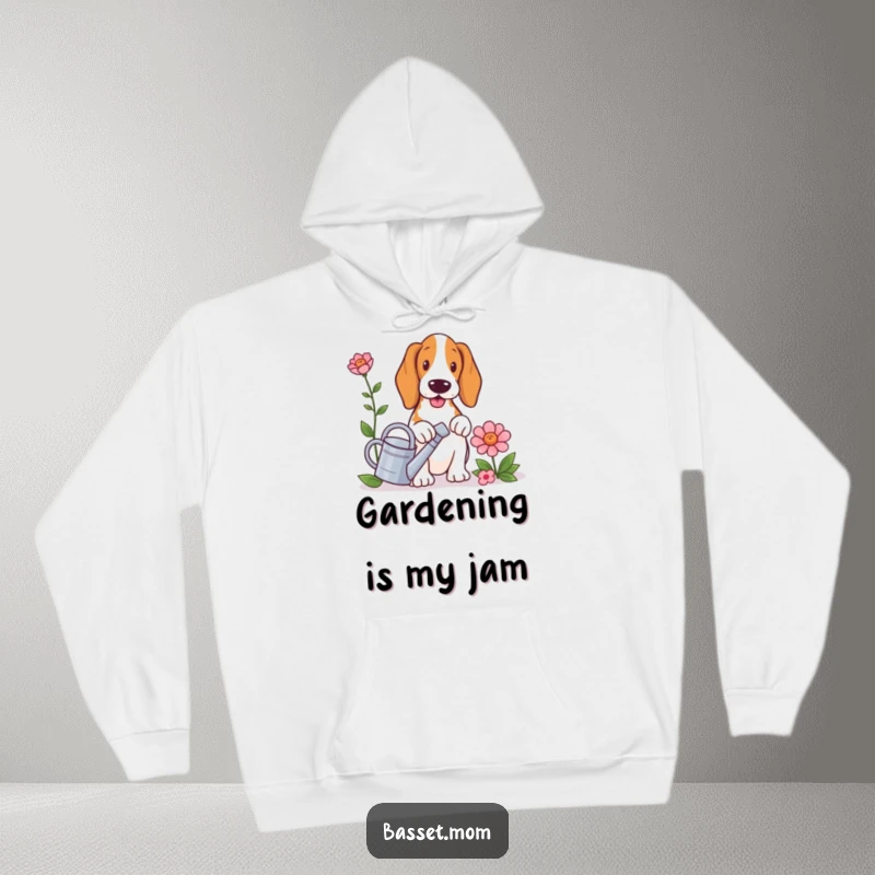 Funny Basset Hound hoodie, a dog with a small watering can, nurturing a huge flower, radiating a sense of peaceful gardening.